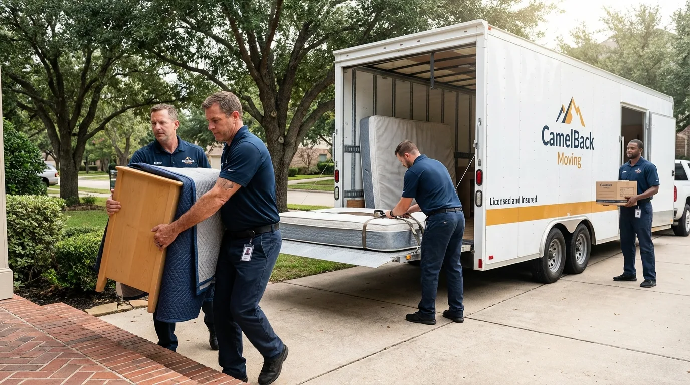 Crew loading residential truck for cross-state move from Sachse, TX