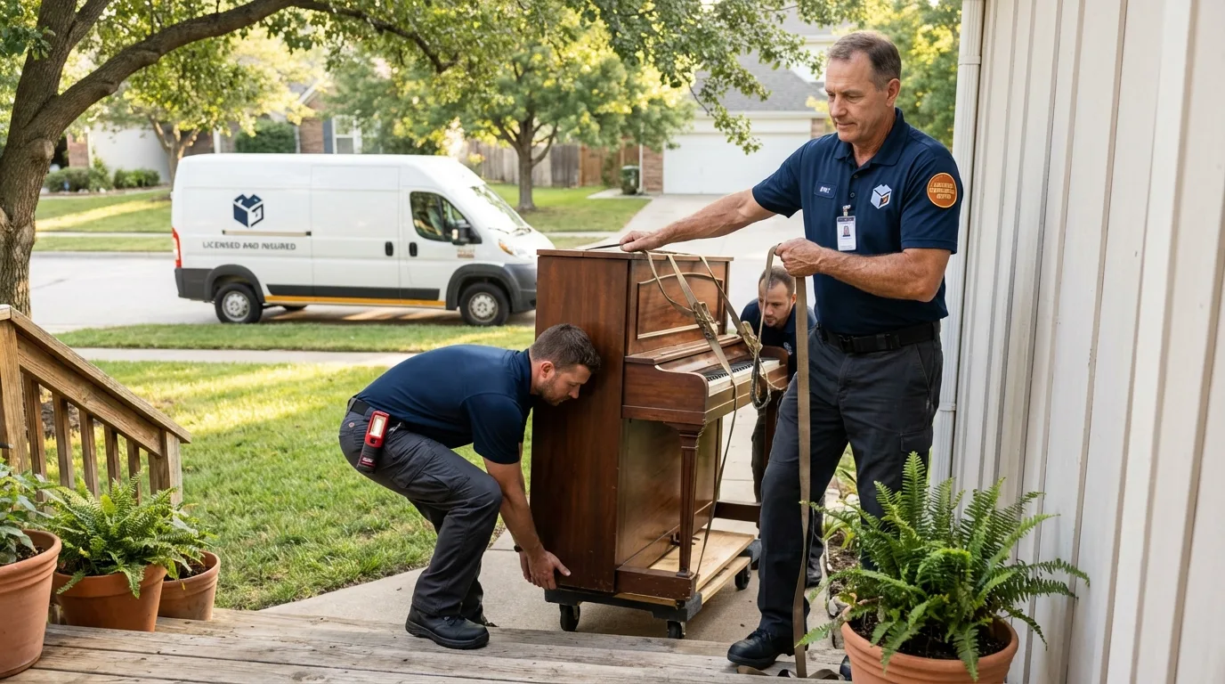 Licensed piano movers securing grand piano in Sachse, TX