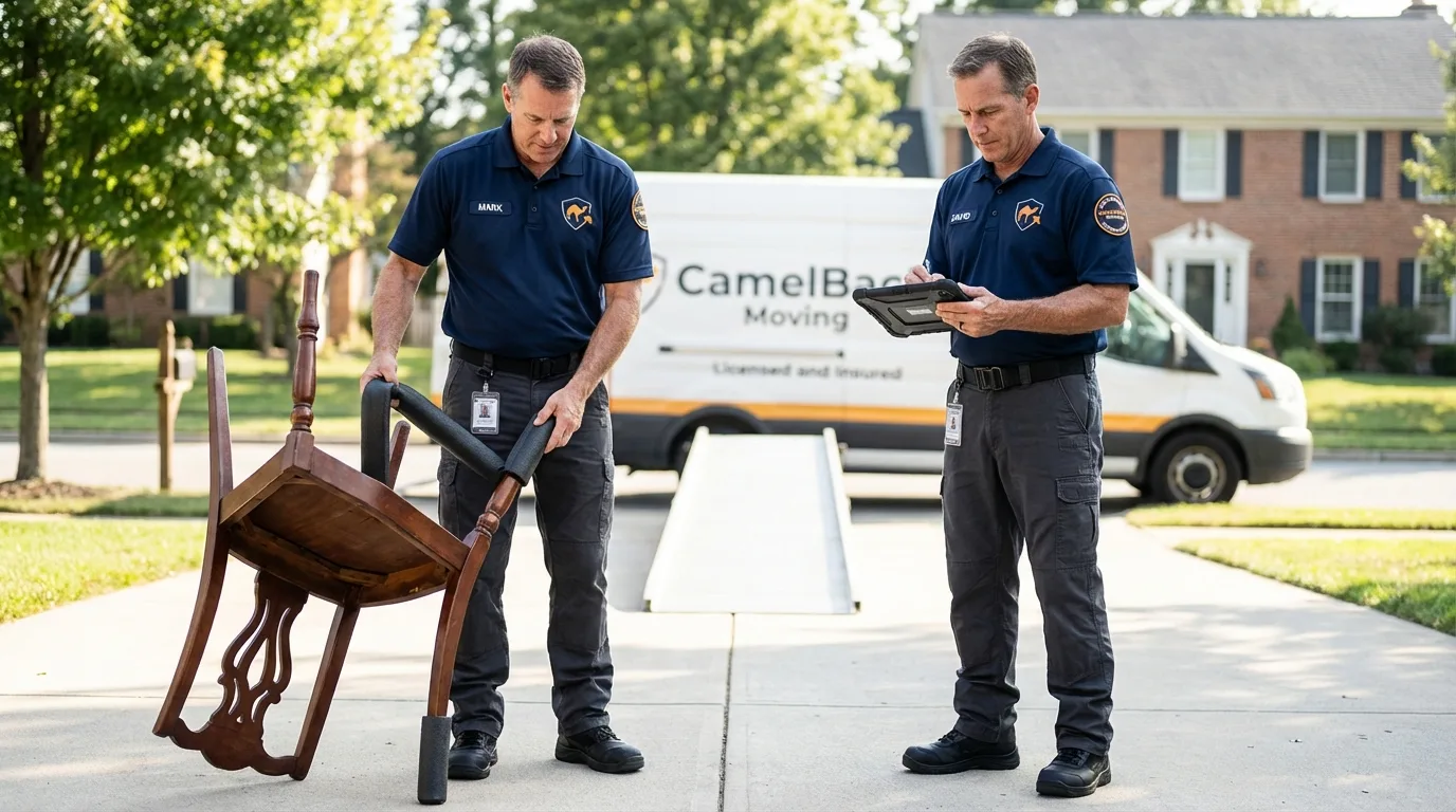 Movers inspecting furniture for damage prevention before loading in Sachse, TX