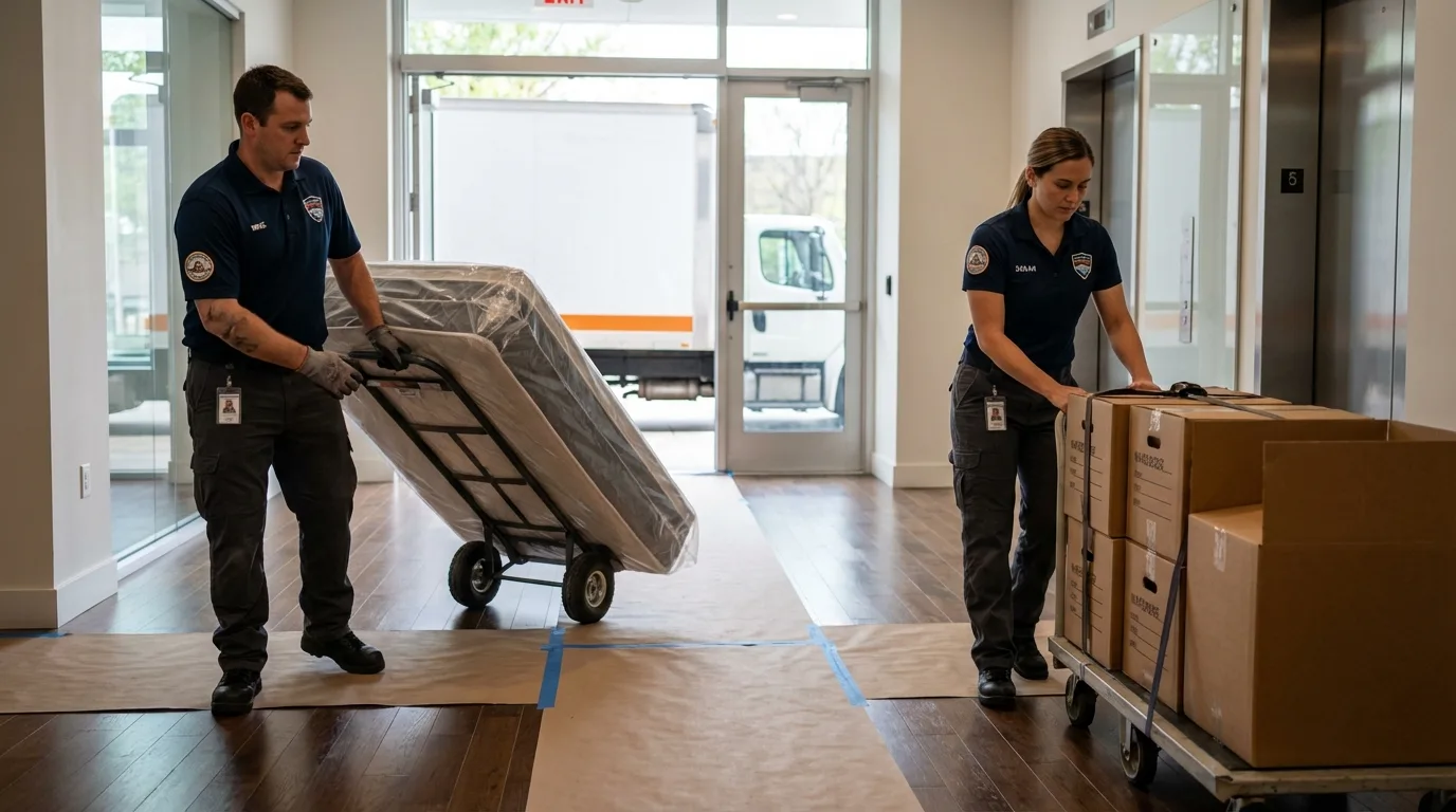 Professional apartment movers loading elevator in Sachse, TX