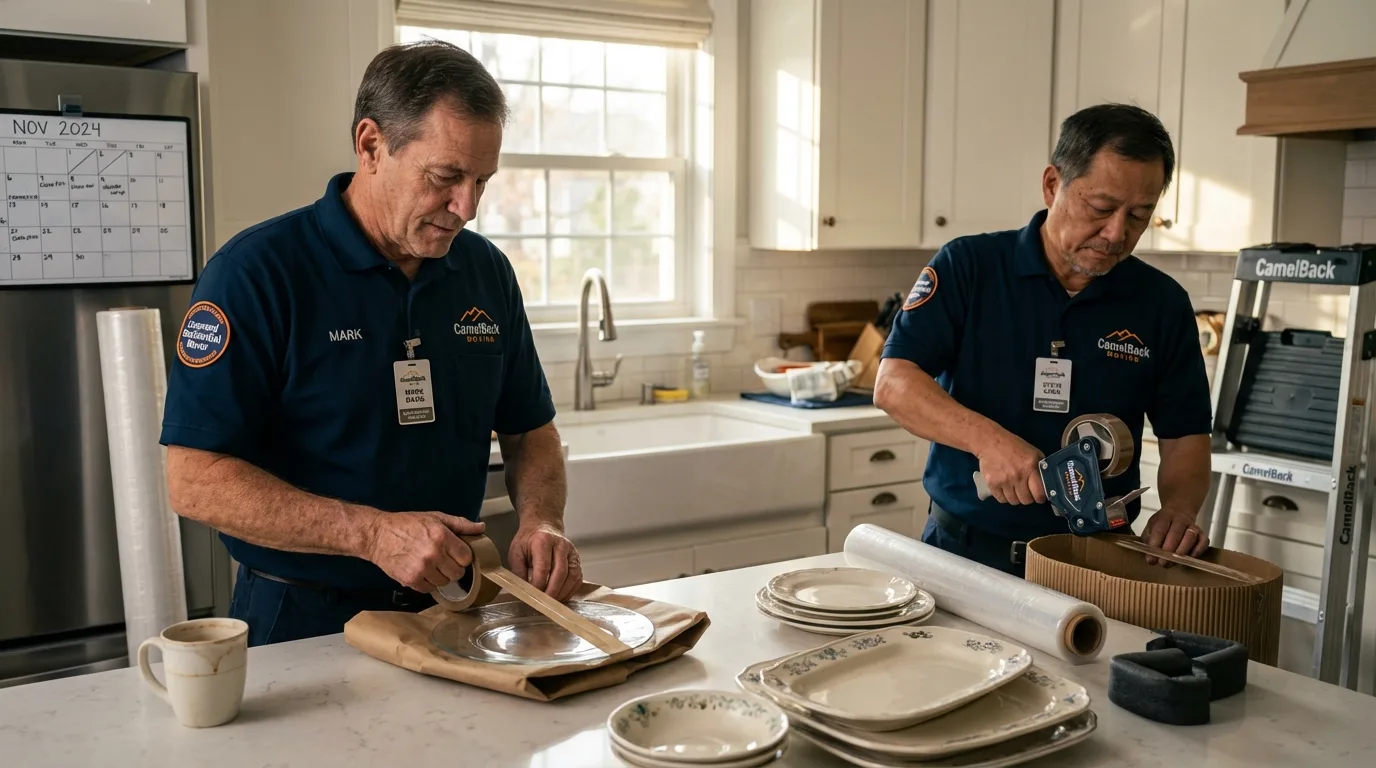 Professional crew packing kitchen dishware in Sachse, TX
